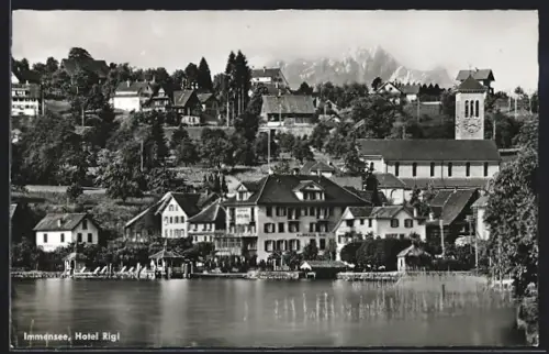 AK Immensee, Ortsansicht am Ufer mit Hotel Rigi und Kirche