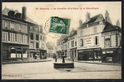 AK Sézanne, La Fontaine et la Place de la Republique