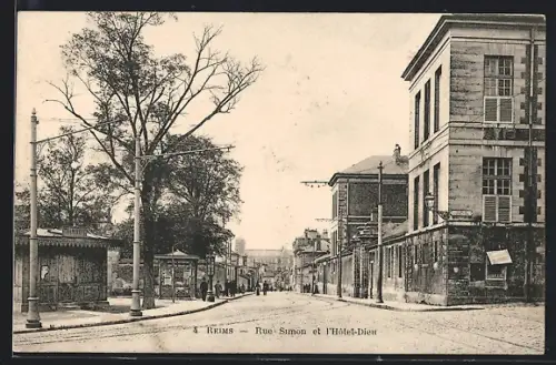 AK Reims, Rue Simon et l`Hôtel-Dieu, Ortspartie