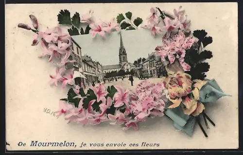 AK Mourmelon, Je vous envoie ces fleurs avec vue sur l`église et la rue principale