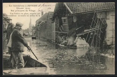 AK Juvigny, Rue principale du Village, inondations avec voiture surprise par l`eau