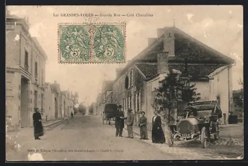 AK Les Grandes-Loges, Grande Rue, Café Chevallier avec voiture et passants