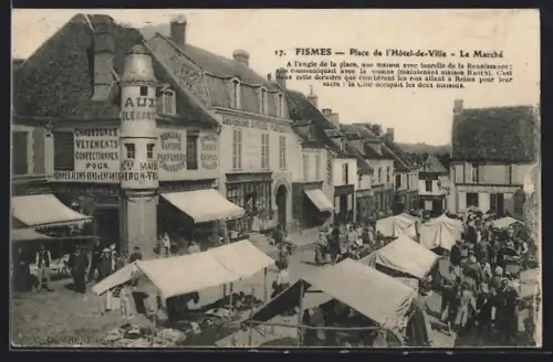 AK Fismes, Place de l`Hôtel-de-Ville, Le Marché animé avec maisons de la Renaissance