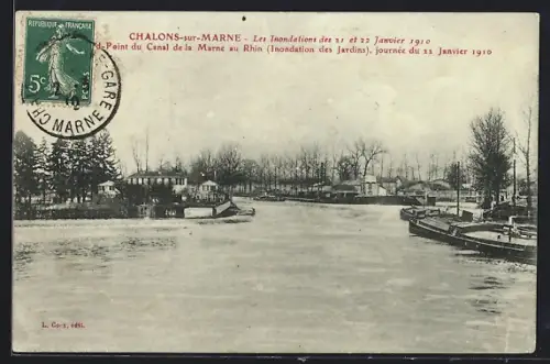 AK Châlons-sur-Marne, Le Point du Canal de la Marne au Rhin lors des inondations de janvier 1910