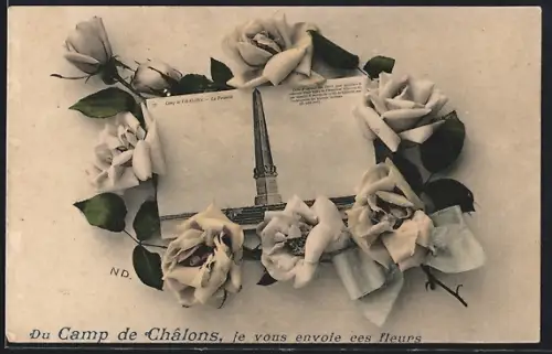 AK Camp de Châlons, La Pyramide entourée de fleurs