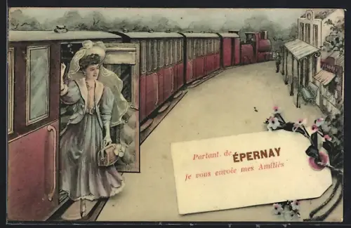 AK Épernay, Dame montant dans un train avec une carte de voeux amicale