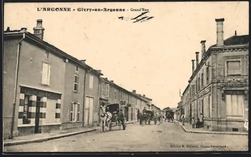 AK Givry-en-Argonne, Grand`Rue animée avec calèches et passants