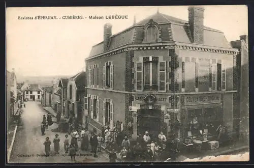 AK Cumières, Maison Lebègue et rue animée avec habitants et commerces