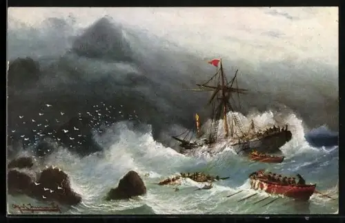 Künstler-AK Seenotrettung eines aufgelaufenen Schiffes
