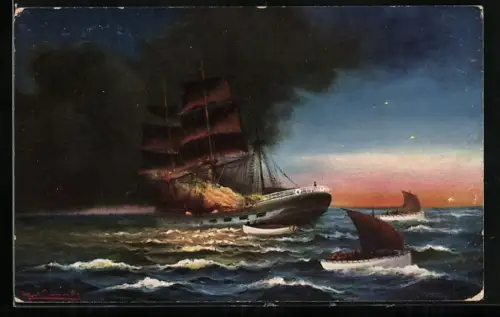 Künstler-AK Mannschaft verlässt ihr Brennendes Schiff