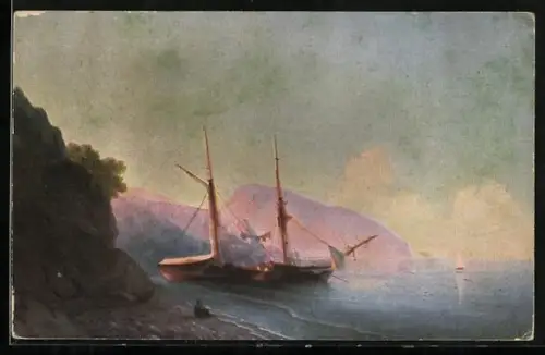 Künstler-AK sign. J. C. Aiwasowsky: Ein Sommertag, gestrandetes Segelschiff