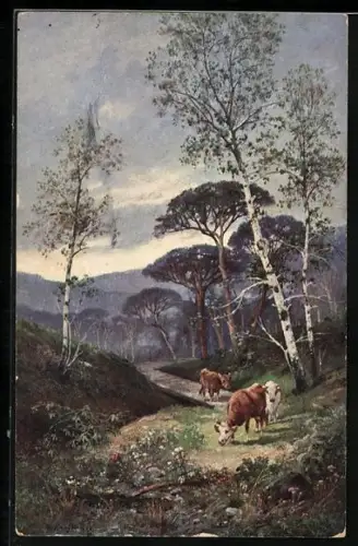 Künstler-AK Theo Stroefer Serie Nr. 1325: Kühe in Landschaft mit Bäumen