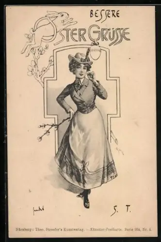 Künstler-AK Theo Stroefer Serie 104 Nr. 4: Fräulein mit Kätzchenzweig, Osterhase, Ostergruss