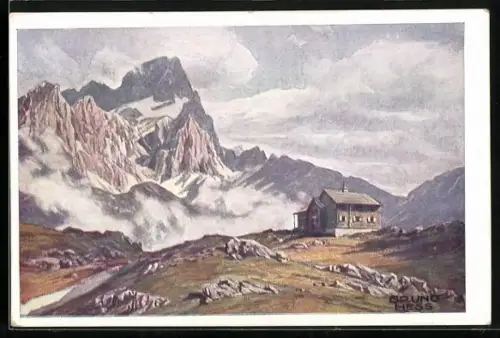 Künstler-AK Bruno Hess, Deutscher Schulverein NR 1509: Hofpürglhütte gegen den Torstein