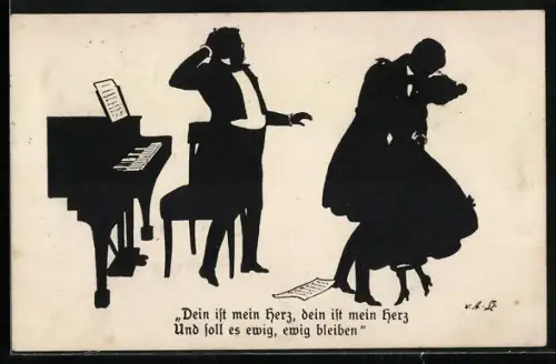 Künstler-AK Ov. Alt-Stutterheim: Scherenschnitt, Liebespaar mit Klavierspieler