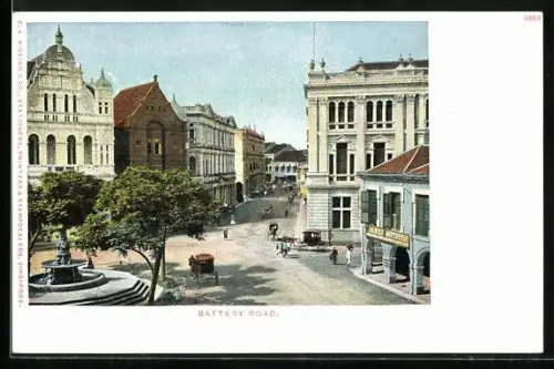 AK Singapore, Battery Road mit Brunneb, Pferdekutschen