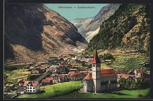 AK Göschenen /Gotthardbahn, Teilansicht mit Kirche