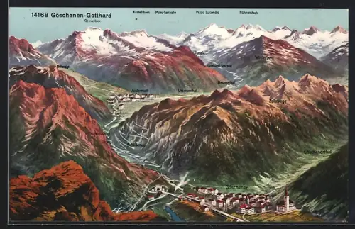 Künstler-AK Göschenen-Gotthard, Teilansicht mit Andermatt, Winterberg, Gamsstock und Pizzo Centrale
