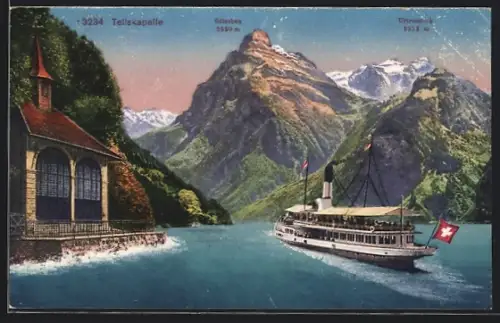 AK Sisikon, Tellskapelle mit Dampfer, Gitschen und Urirotstock
