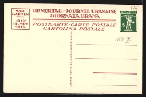 AK Morgarten, 1315-1915, Mann rollt Gesteinsbrocken den Felsen hinunter