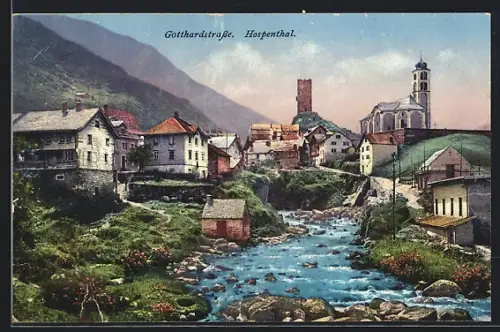 AK Hospenthal, Gotthardstrasse, Ortspartie mit Kirche