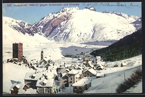 AK Hospental, verschneite Ortsansicht gegen Andermatt und Oberalp
