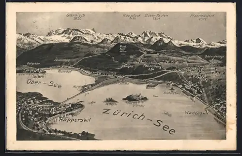 Künstler-AK Rapperswil /SG, Ortsansicht mit Altendorf, Feusisberg, und Etzel-Kulm, Glärnisch, Böser Faulen