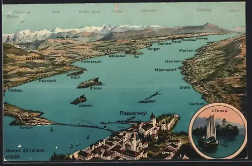 Künstler-AK Ufenau, Ortspartie mit Segelboot, Panorama mit Rapperswil, Meilen und Au, Mythen, Berner Alpen