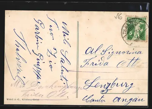 Künstler-AK Ufenau, Ortspartie mit Segelboot, Panorama mit Rapperswil, Meilen und Au, Mythen, Berner Alpen
