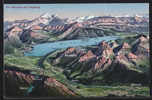 Künstler-AK Glarus, Ortsansicht mit Ennenda, Mollis und Näfels, Churfirsten