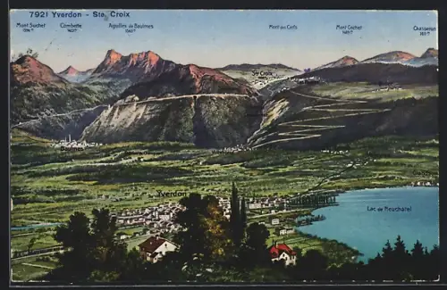Künstler-AK Yverdon-Ste. Croix, Ortsansicht mit Lac de Neuchâtel, Combette, Mont Cochet und Mont des Cerfs
