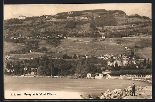 AK Vevey, Panorama et le Mont Pélerin