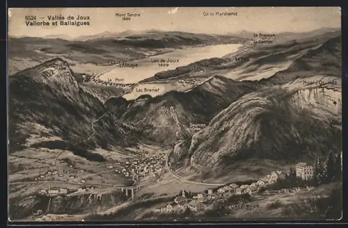 Künstler-AK Vallorbe, Vallée de Joux et Ballaigues, Lac Brenet, Le Pont, Mont Tendre
