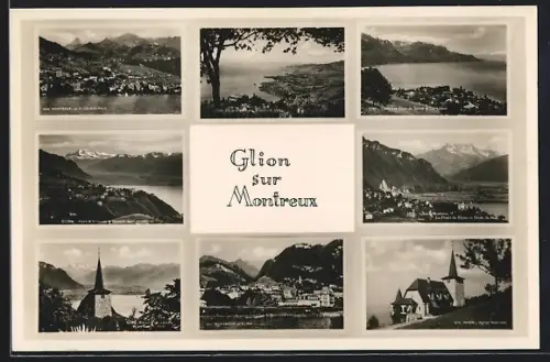 AK Glion-sur-Montreux, Panorama et Rochers du Naye, La Plaine du Rhône et Dents du Midi, Eglise Nationale