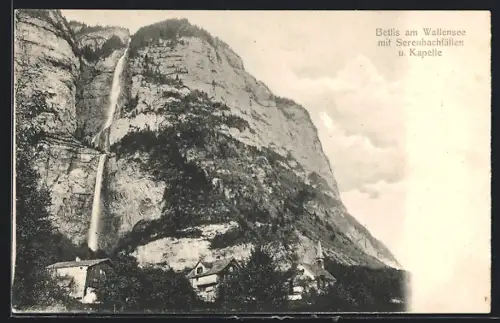 AK Betlis am Wallensee, Ortspartie mit Serenbachfällen und Kapelle