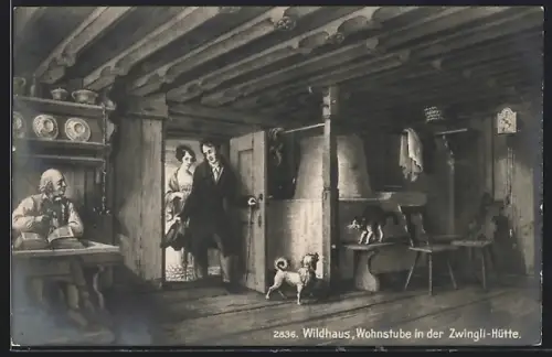 Künstler-AK Wildhaus, Wohnstube in der Zwingli-Hütte