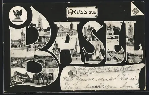 AK Basel, Neue Rheinbrücke, Pauluskirche, Fischmarktbrunnen und weitere Impressionen im Schriftzug BASEL