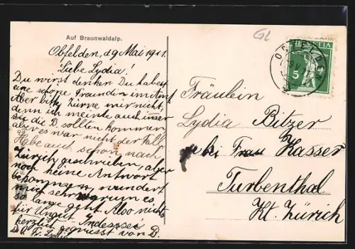AK Auf der Braunwaldalp, Bergbauern mit Bütte und Kuh