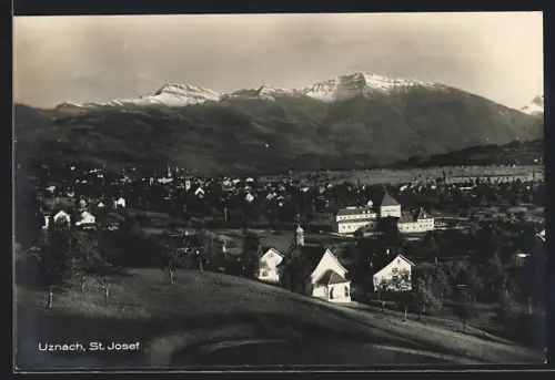 AK Uznach, Blick zur Kirche St. Josef, Ortsansicht aus der Vogelschau