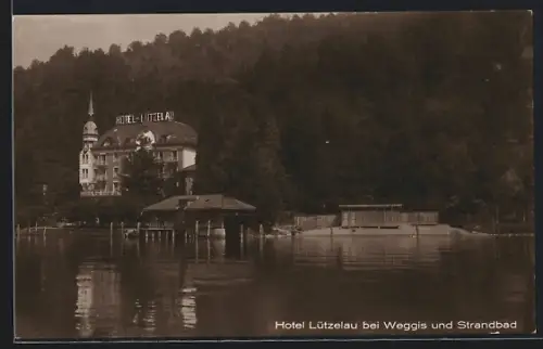 AK Weggis, Hotel Lützelau und Strandbad vom Wasser aus gesehen