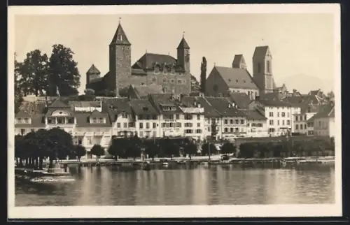 AK Rapperswil /SG, Uferpartie mit Hotel Belle-Vue und Café-Restaurant Zum Anker