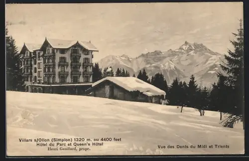 AK Villars s. Ollon, Hotel du Parc et Queen`s Hotel, Vue des Dents du Midi et Trients