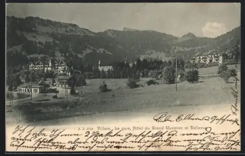 AK Villars, La gare, Hotel du Grand Muveran et Bellevue