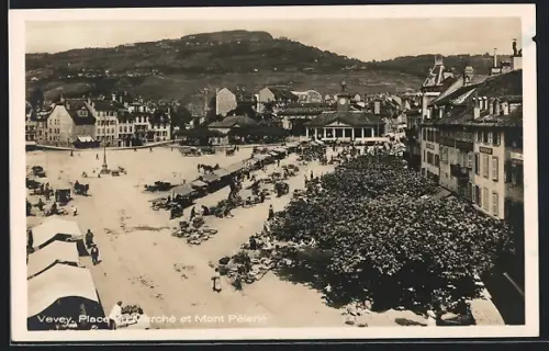 AK Vevey, Place du Marché et Mont Pélerin