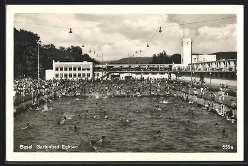 AK Basel, Gartenbad Eglisee mit Besuchern