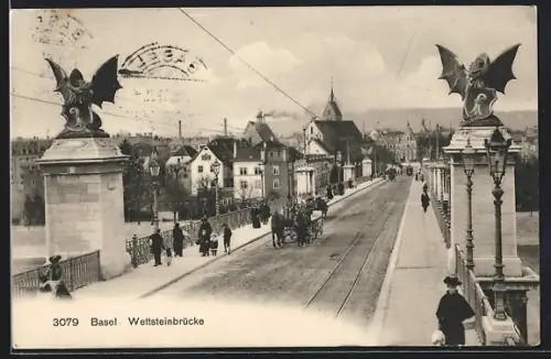 AK Basel, Wettsteinbrücke mit Pferdekutsche