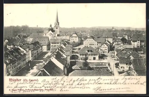 AK Münster /Luzern, Ortsansicht mit Kirche aus der Vogelschau