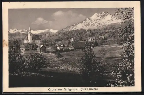AK Adligenswil, Ortsansicht mit Kirche und Gebirgspanorama