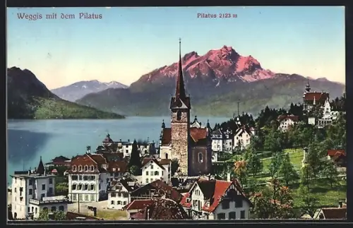 AK Weggis, Blick auf den Ort mit Kirche und Berg Pilatus