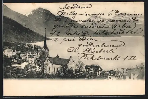 AK Weggis, Ortspartie mit Kirche und Blick auf den Vierwaldstättersee